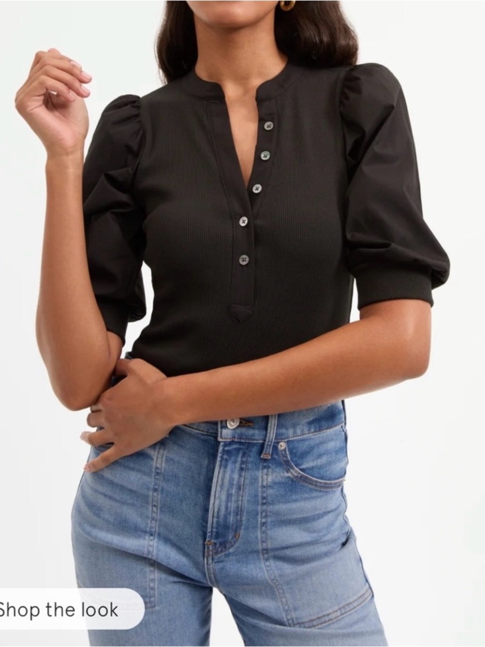 Veronica Beard Coralee Black Puff-Sleeve Henley Top Sz S